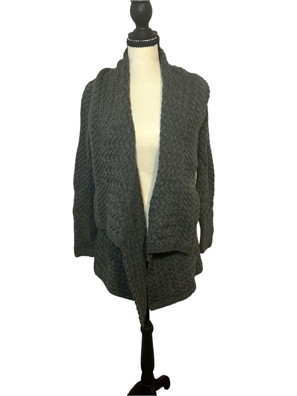 Aran Sweater Market Gray Waterfall Cable Cardigan Virgin Wool Sz M
